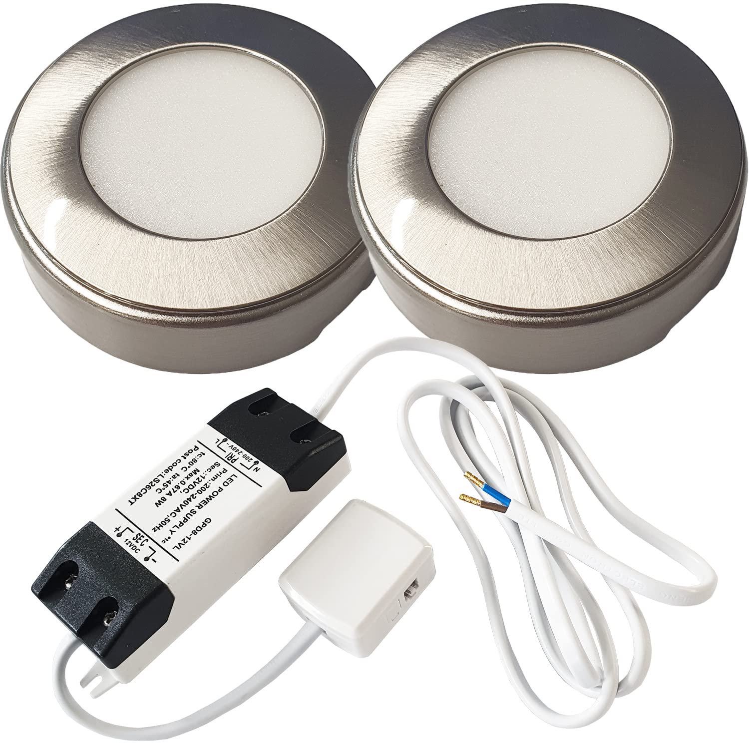 Loops 2X 2.6W Led Kitchen Cabinet Surface Spot Lights & Driver Steel Natural White
