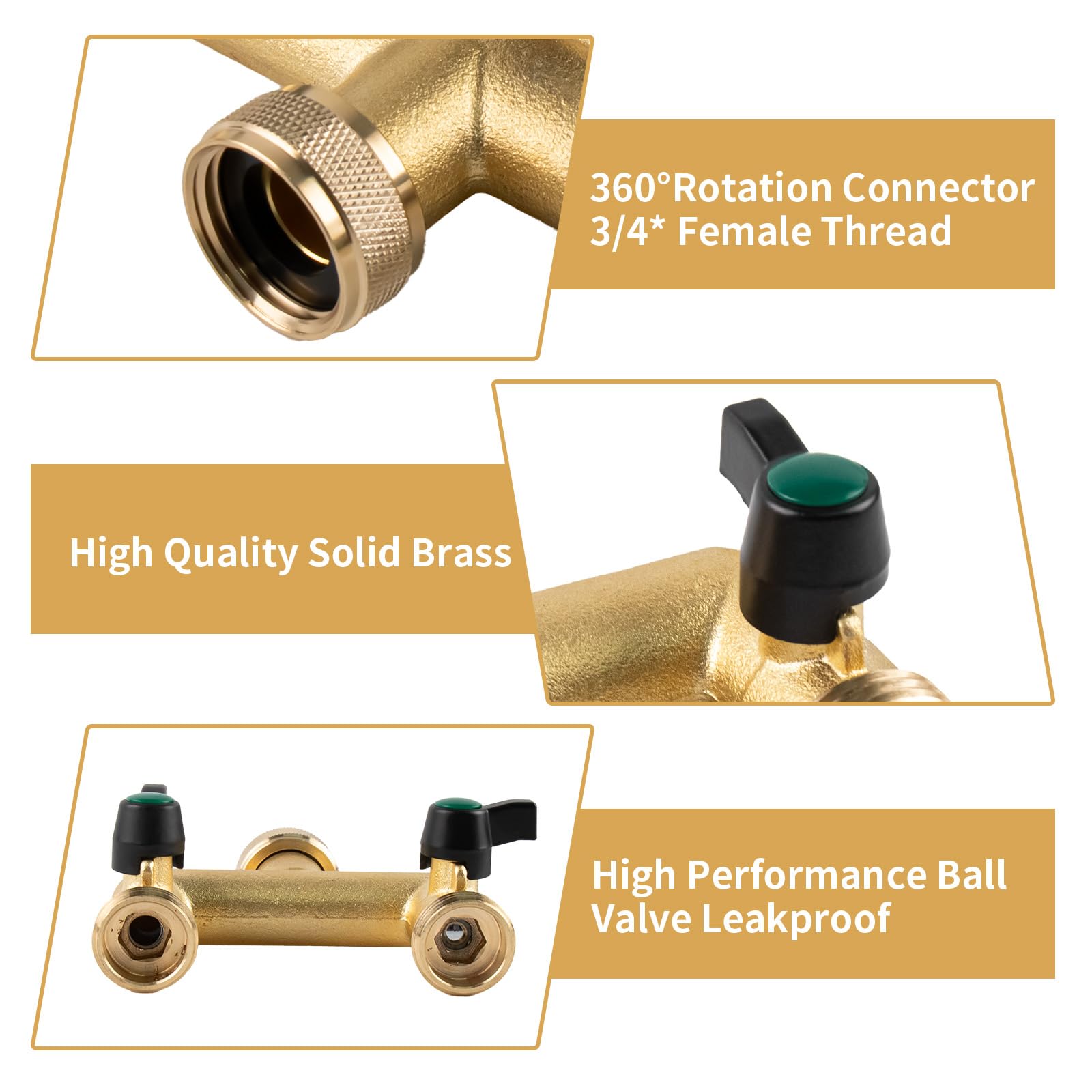 Manguera de jardín de 2 vías, divisor de manguera de latón con mango de latón macizo, válvula de latón, adaptador de manguera de jardín de agua, válvula de 2 vías, rosca GHT de 3/4 pulgadas