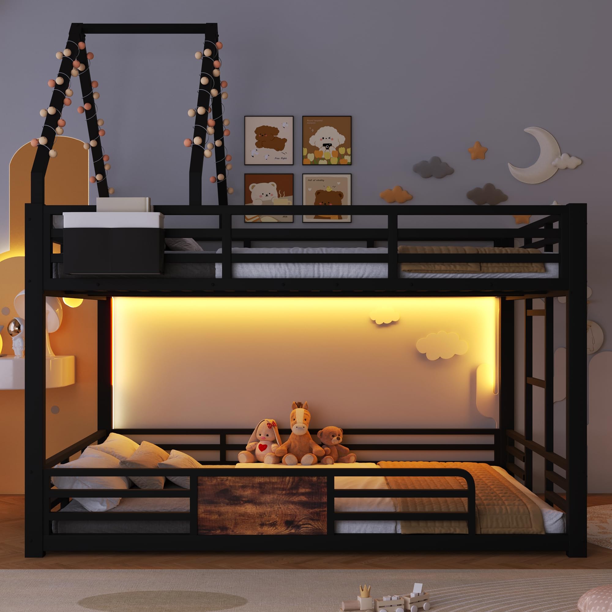 Etagenbett 140x200 cm aus Metall, Hausbett-Design, Dachrahmen, Stofftaschen-Aufbewahrung & Sicherheitsgeländer, Schwarz