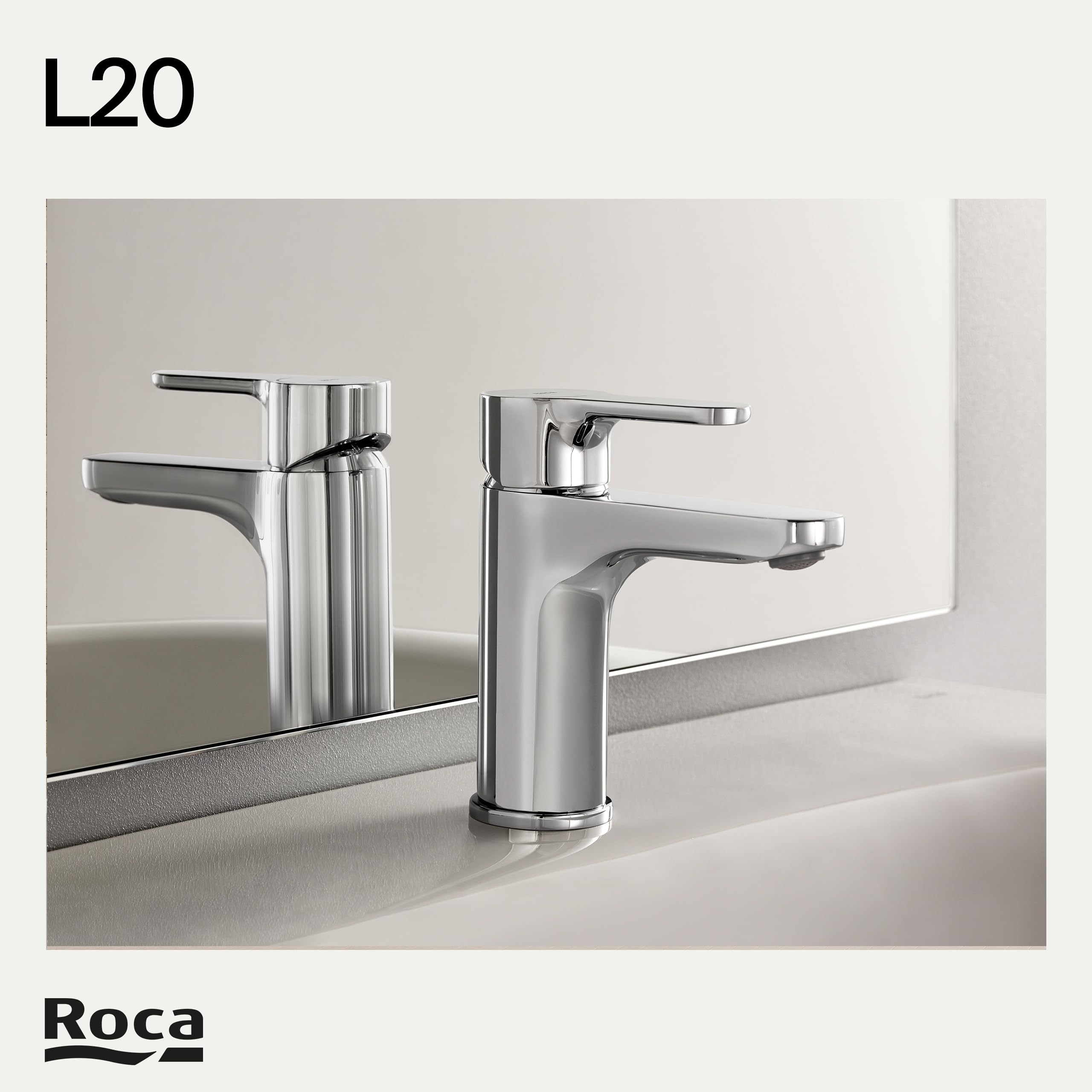 Roca L20 Grifería para lavabo con tecnología Cold Start, grifo monomando de repisa con enlaces de alimentación flexibles, mezclador para cuarto de baño de fácil instalación, cromado, A5A3K09C00