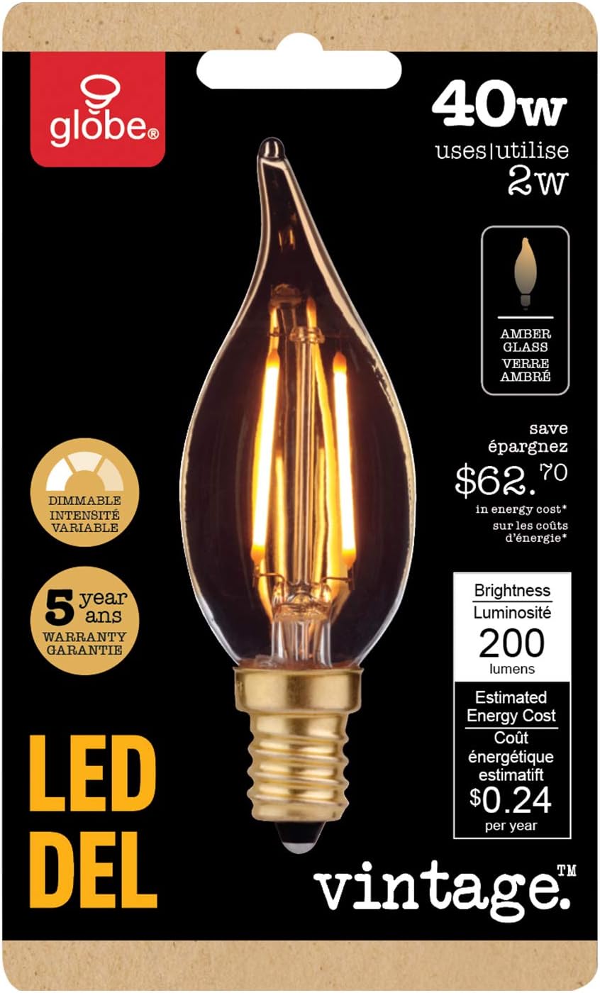 GLOBE Electric 40W Equivalent Soft White (2200K) Vintage Edison Candelabra Dimmable LED Light Bulb, E12 Base, 200 Lumens 73191, 1 Pack, Yellow