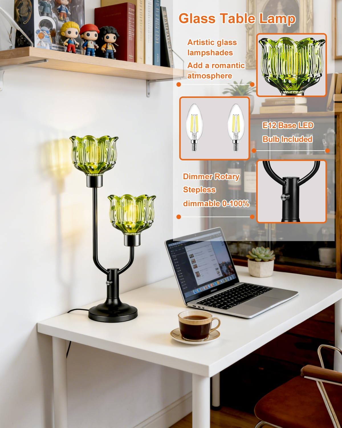 Lightdot Mid Century Modern Glass Green Table Lamp Dimmable U-Shaped Black Desk Lamp with Lotus Glass Shade & 2Pcs Bulbs Included 3000K Warmwhite Nightstand Lamp for Living Room Bedroom