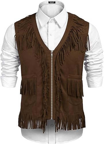Miniatura 5 de COOFANDY Chaleco vaquero occidental para hombre, casual, con flecos, hippie, cuello en V, cremallera, chaleco de cuero de gamuza