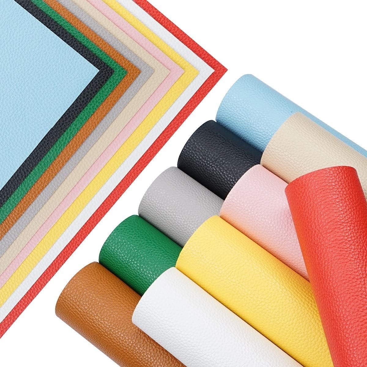 Synthetic Faux Leather Fabric Sheets-10 Solid Colors A4 Size 8x12 Inch 1.2MM Thickness Litchi Grain Texture Sheets Cotton Back for Making Hair Bow, Earring, Placemat,10 Sheets Each Color One Sheet