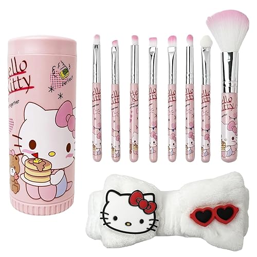 Kawaii - Juego de 8 brochas de maquillaje con cubo de almacenamiento y diadema, juego de brochas de maquillaje cosmético, juego de herramientas
