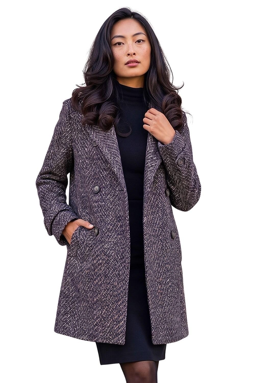 Roman Originals Women's Petite Black Roman Petite Double Breast Funnel Neck Coat For Uk - Everyday Autumn Winter Comfy Soft Evening Vacation Work Party Night Out - Size 16
