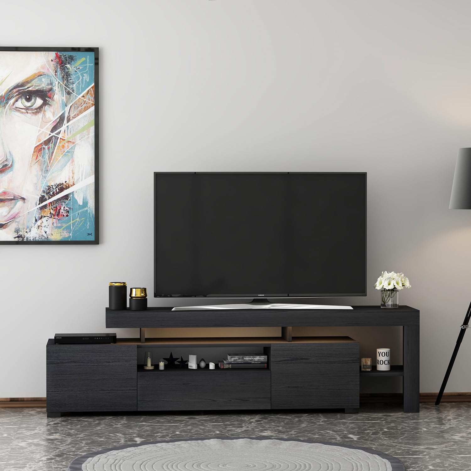 T0014 Led Işıklı Tv Sehpası, Oturma Odası Tv Ünitesi, Ahşap Siyah