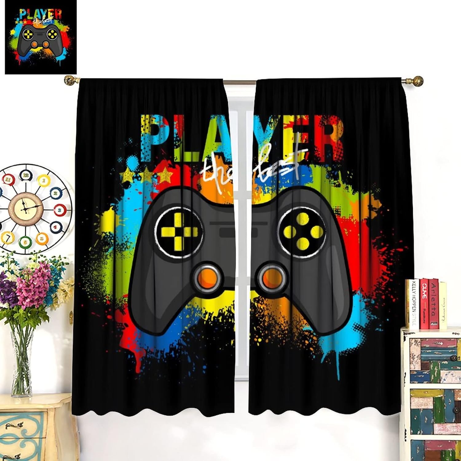 Gamepad Curtains Game Blackout Window Curtain,Colorful Video Gamer Gamepad for for Kids Boys Girls Nursery Bedroom Games Room Window Drapes,2 Panel W72 xL63