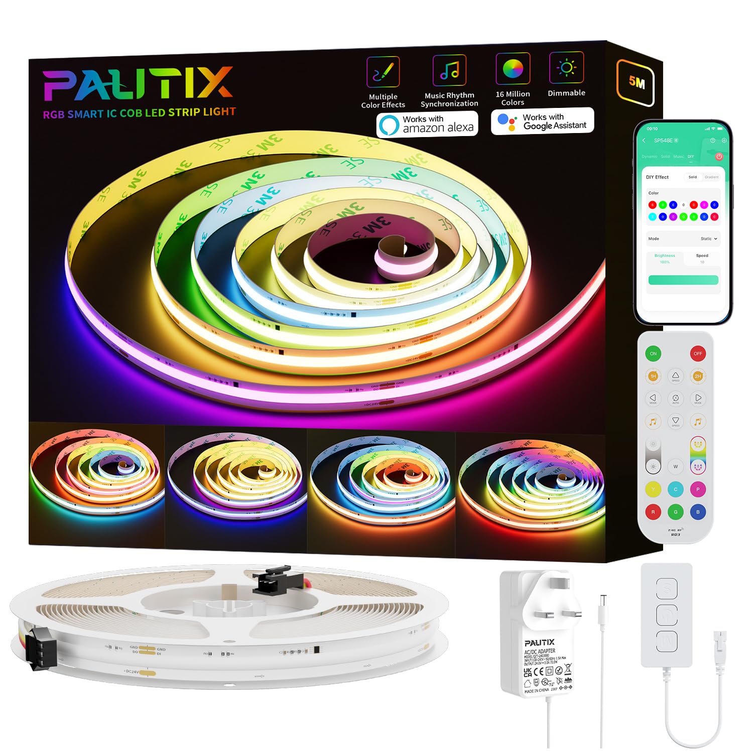 Pautix Multicolour Wifi Rgb Smart Ic Cob Led Strip 5M,Dc24v Colour-Changing Pixel Addressable Led Tape Lights,Ed Flexible Lights With Mains And Controller Work For Alexa For Home Diy Lighting Projects