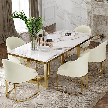 POVISON Marble Dining Table for 6, Modern Dining Room Table 71" for Kitchen & Dining Room, Luxury White Marble Table Top with Gold Trestle PedestalDining Table Only