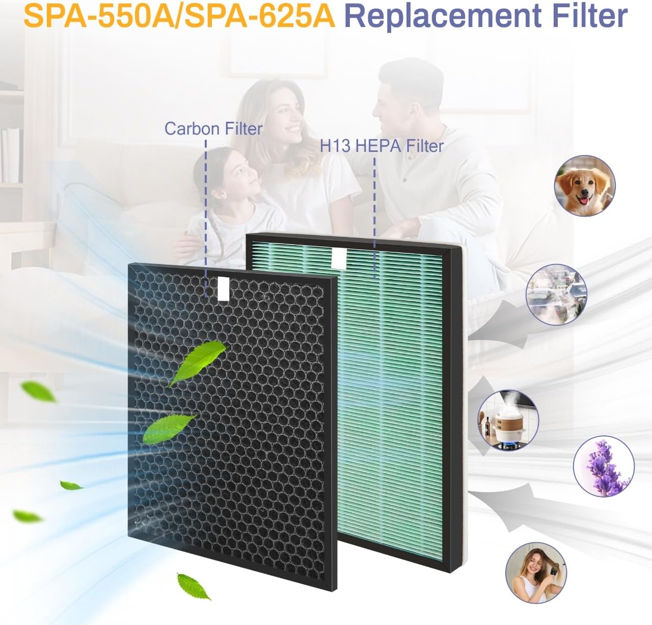SPA-550A Filter Replacement Compatible With Rabbit Air BioGS 2.0 Air Purifiers, Model SPA-550A and SPA-625A, 2 True HEPA(H13) Filters + 2 Activated carbon Filters