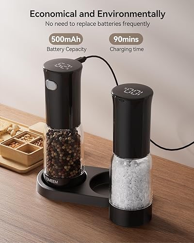 Miniatura 3 de TOMEEM Juego de molinillo eléctrico de sal y pimienta, recargable con indicador de alimentación LED, molienda ajustable de 5 niveles, luz LED,