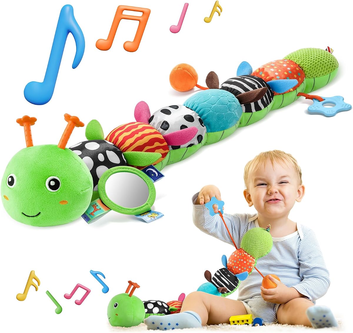 HEMRLY Juguete sensorial para bebé de 0 a 6 meses, peluche musical de oruga con mordedor, arrugado, sonajero, espejo para bebé para el tiempo boca abajo, juguete para asiento de coche infantil para niños de 0 a 3 a 6 a 12 meses, regalo para niñas, color verde alado