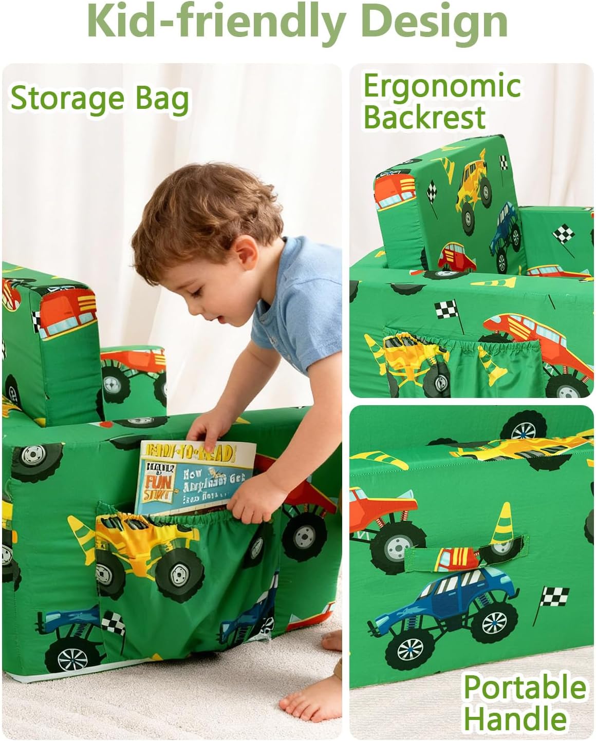 TinyPalsa Foldable Toddler Couch, 30% More Support, 2-in-1 Comfy Sofa & Lounger for 1-3 Years Old Girls Boys, Space Saving & Easy to Clean Kids Chair for Reading, Playroom (Monster Truck)