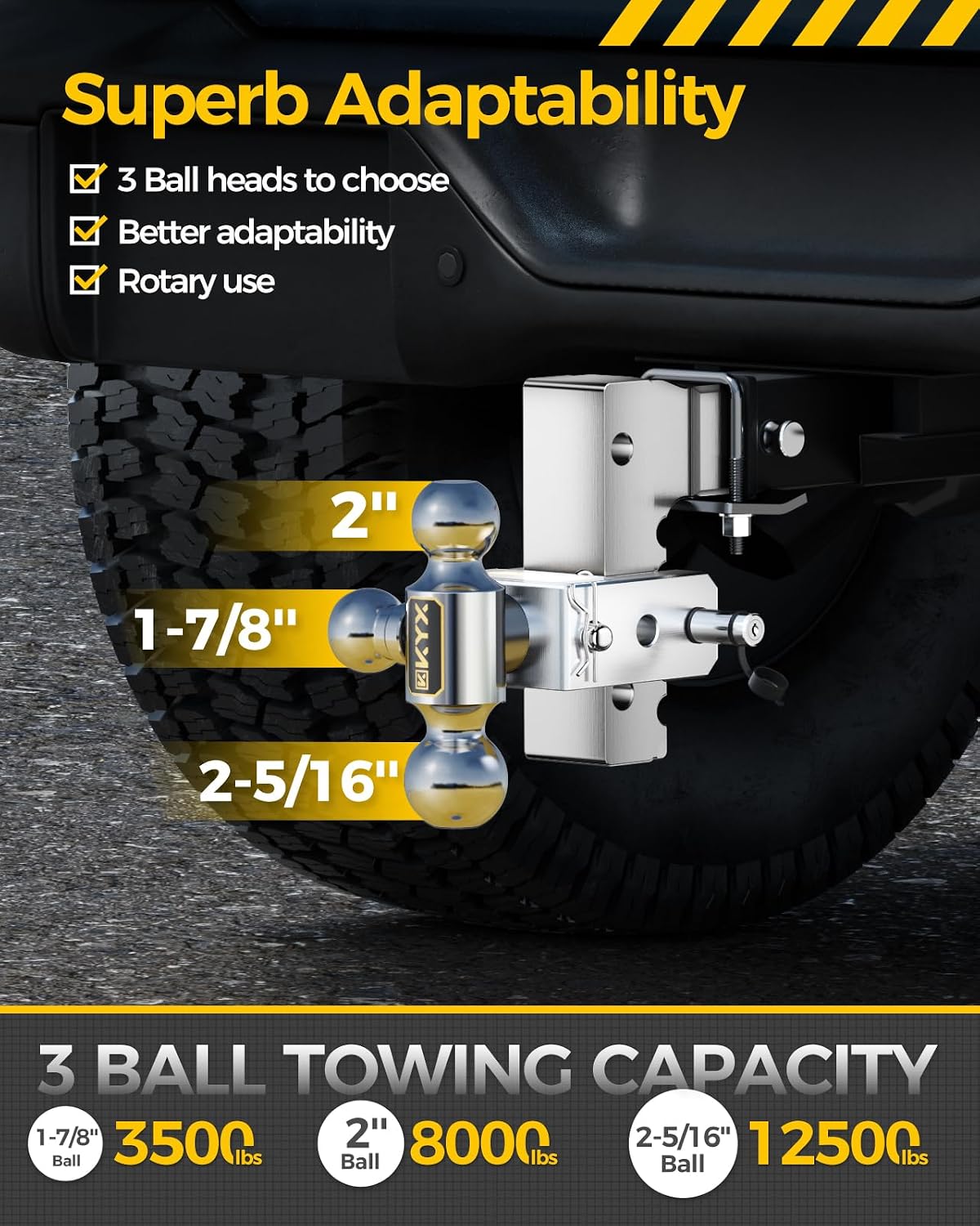 KYX Adjustable Trailer Hitch, 6 in Rise Drop Hitch Fits 2 Inch Receiver, 12500 LBS GTW, Tri-Ball Aluminum Truck Tow Hitch(1-7/8 & 2 & 2-5/16), Rustproof and Noise Reduction Design for RVs and Trailers