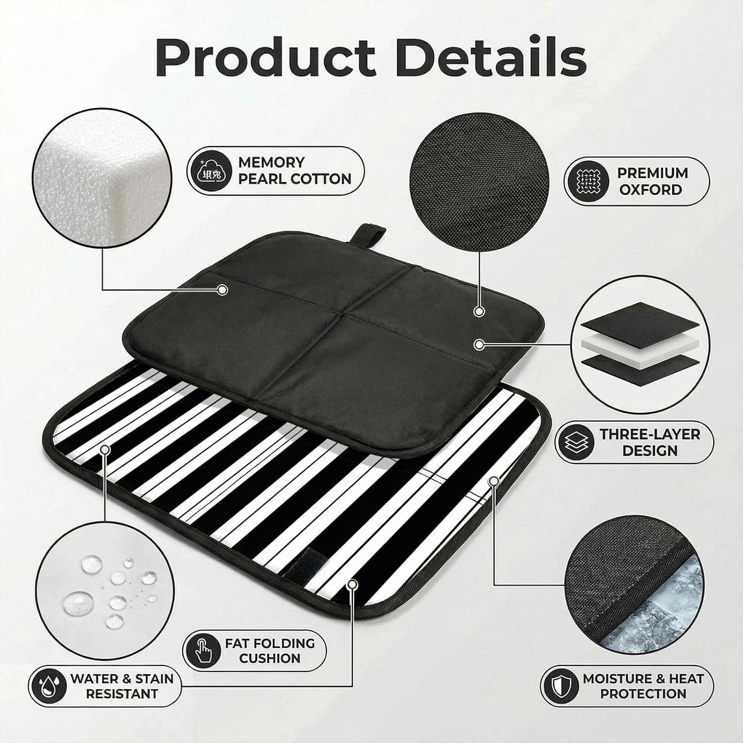 (Black & White Stripes) Sitting Pad Foldable Seat Cushion Lightweight Camping Seat Mat with Hook for Outdoor Hiking Picnic Camping