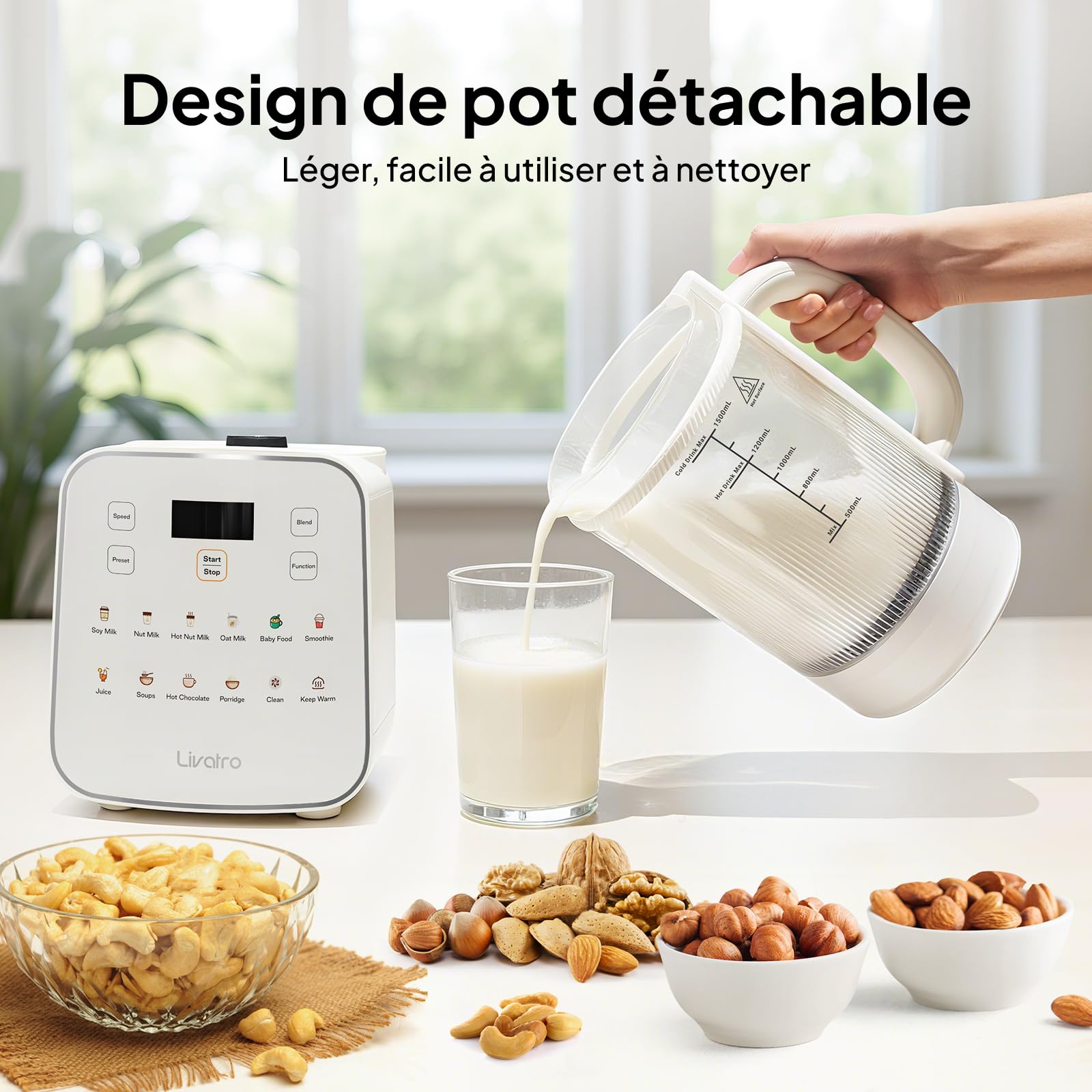 Machine à lait végétal 1,5 L 12‑en‑1,préparateur de lait de soja automatique,design détachable,lait d’amande/avoine & jus, départ différé 24 h, maintien au chaud,auto‑nettoyage,verrouillage sécurité