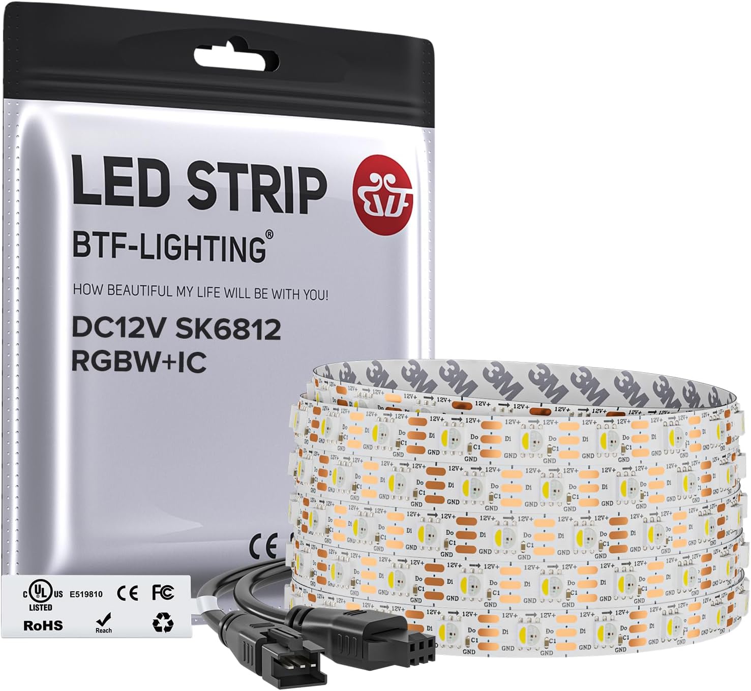 BTF-LIGHTING SK6812(Similar WS2812B) UL Listed RGBW RGB+Natural White(4000K) Individually Addressable DC12V 16.4FT 60LED/m 4 Color in 1 Light Dream LED Strip IP30 White PCB(No Adapter or Controller)