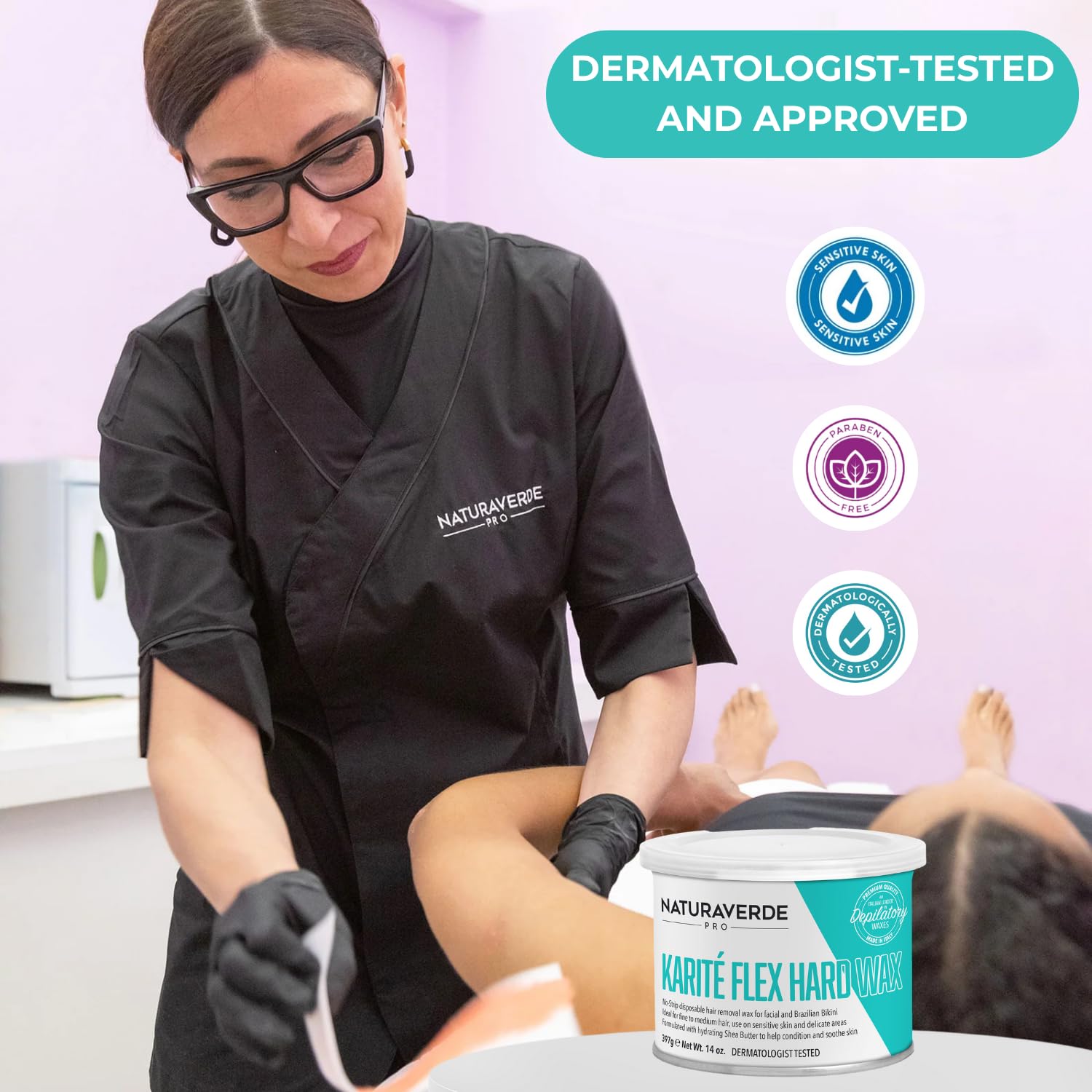 NaturaverdePro Karite Flex Hard Wax, Body and Facial Hair Removal, Brazilian Bikini Wax for Women with Hydrating Shea Butter and Vitamin E - 14 oz