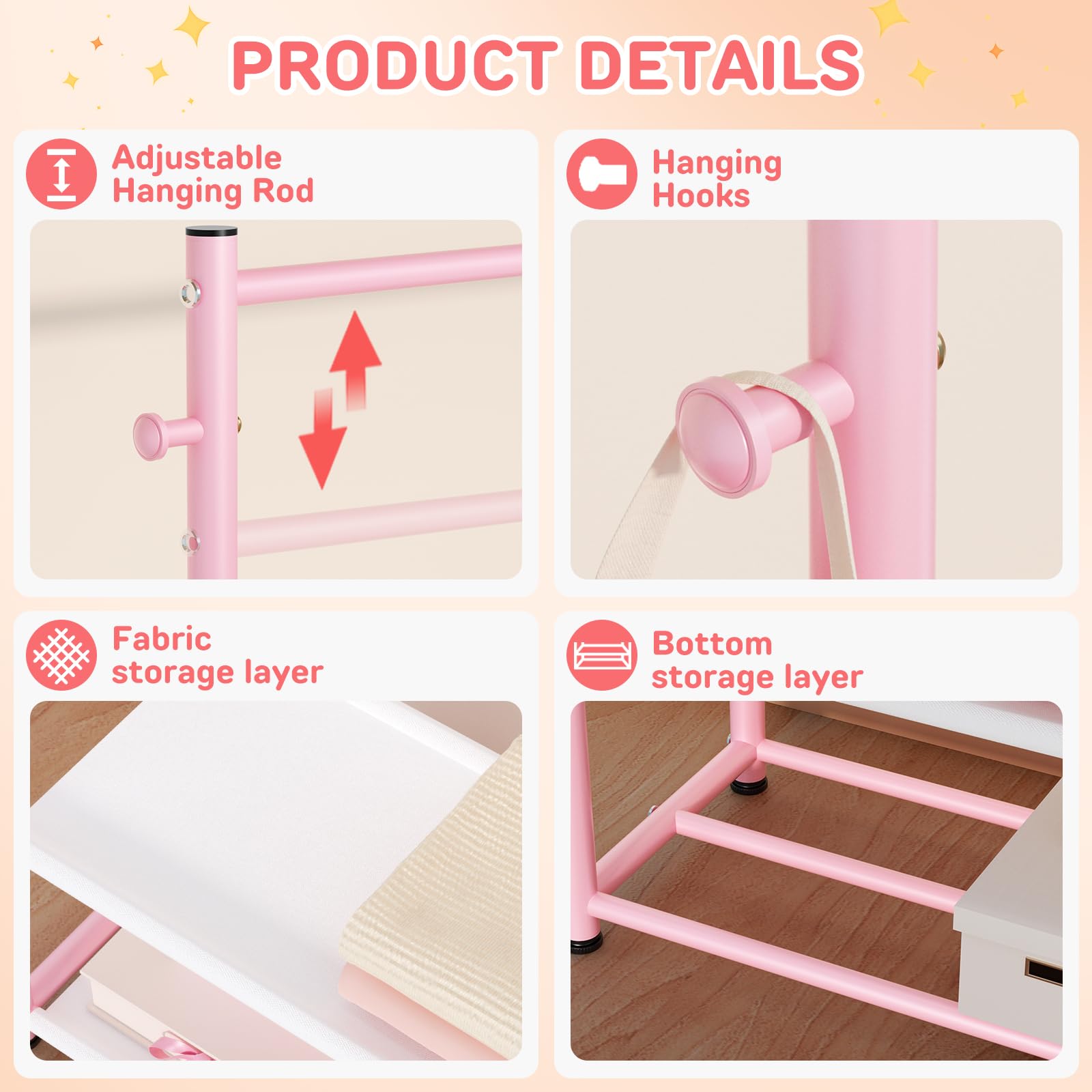 Bambini Abbigliamento Rack 2 Tier Baby Closet Rosa Toddler Dress up Rack | 2 aste appendiabiti, regolabili, per bambini da 0 a 9 anni, per bambini piccoli, per asilo e camera da letto