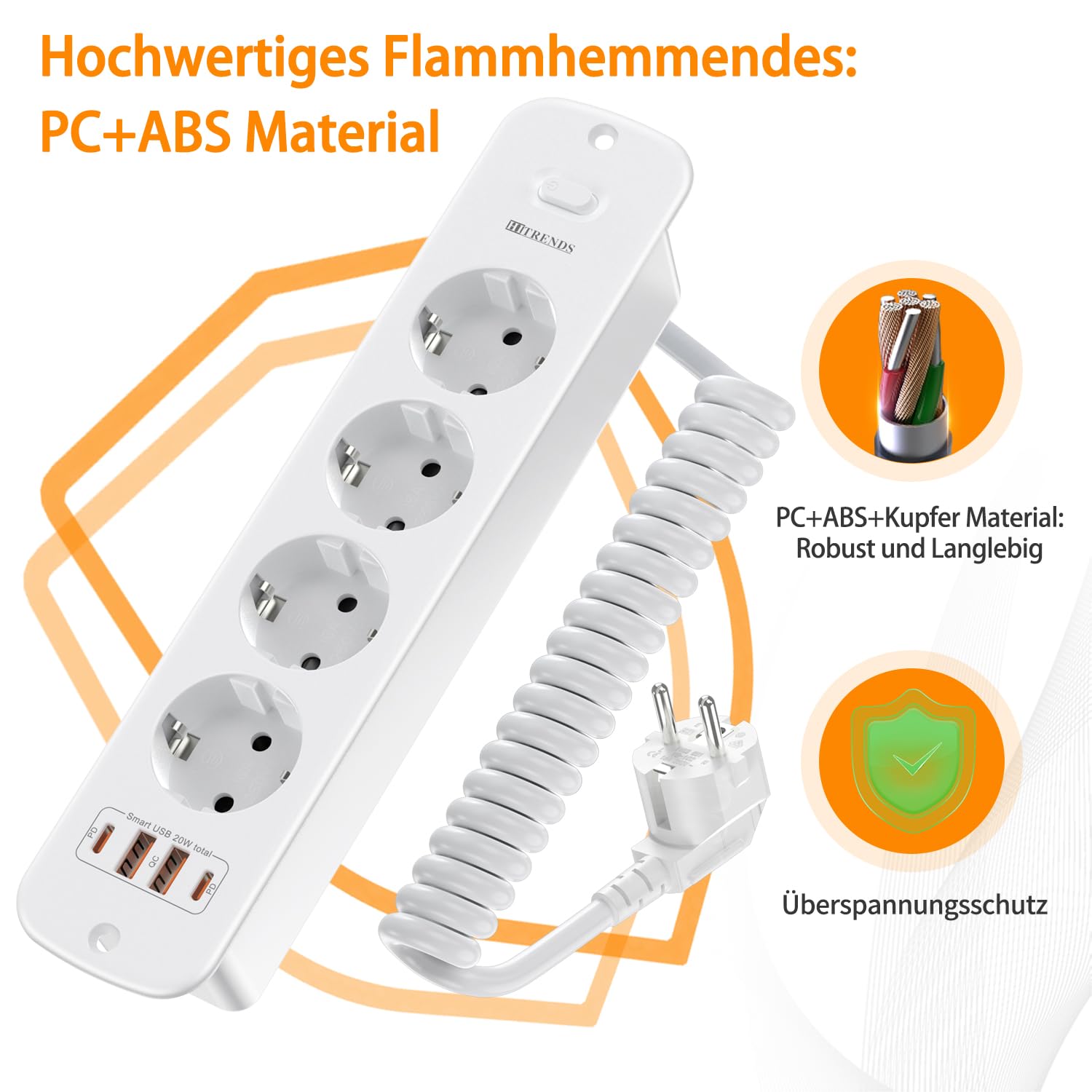 Regleta de mesa plegable con 4 enchufes y 4 puertos USB (2 USB A + 2 Type-C) y interruptor, enchufe de montaje para mesa con cable en espiral de 2 m, 4000 W/16 A, para oficina, oficina en casa — view 5