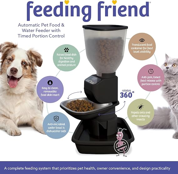 Feeding Friend Automatic Dog & Cat Food Feeder with Water Dispenser, Smart Portion Control, OLED Display, Anti-Jam Design, Battery Operated, Medium Pets 1530 lbs, Black