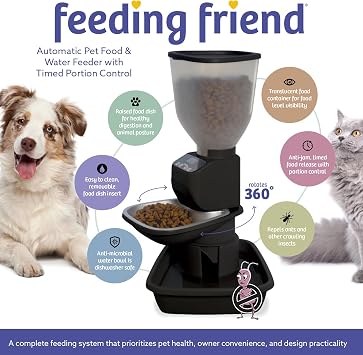 Feeding Friend Automatic Dog & Cat Food Feeder with Water Dispenser, Smart Portion Control, OLED Display, Anti-Jam Design, Battery Operated, Medium Pets 1530 lbs, Black
