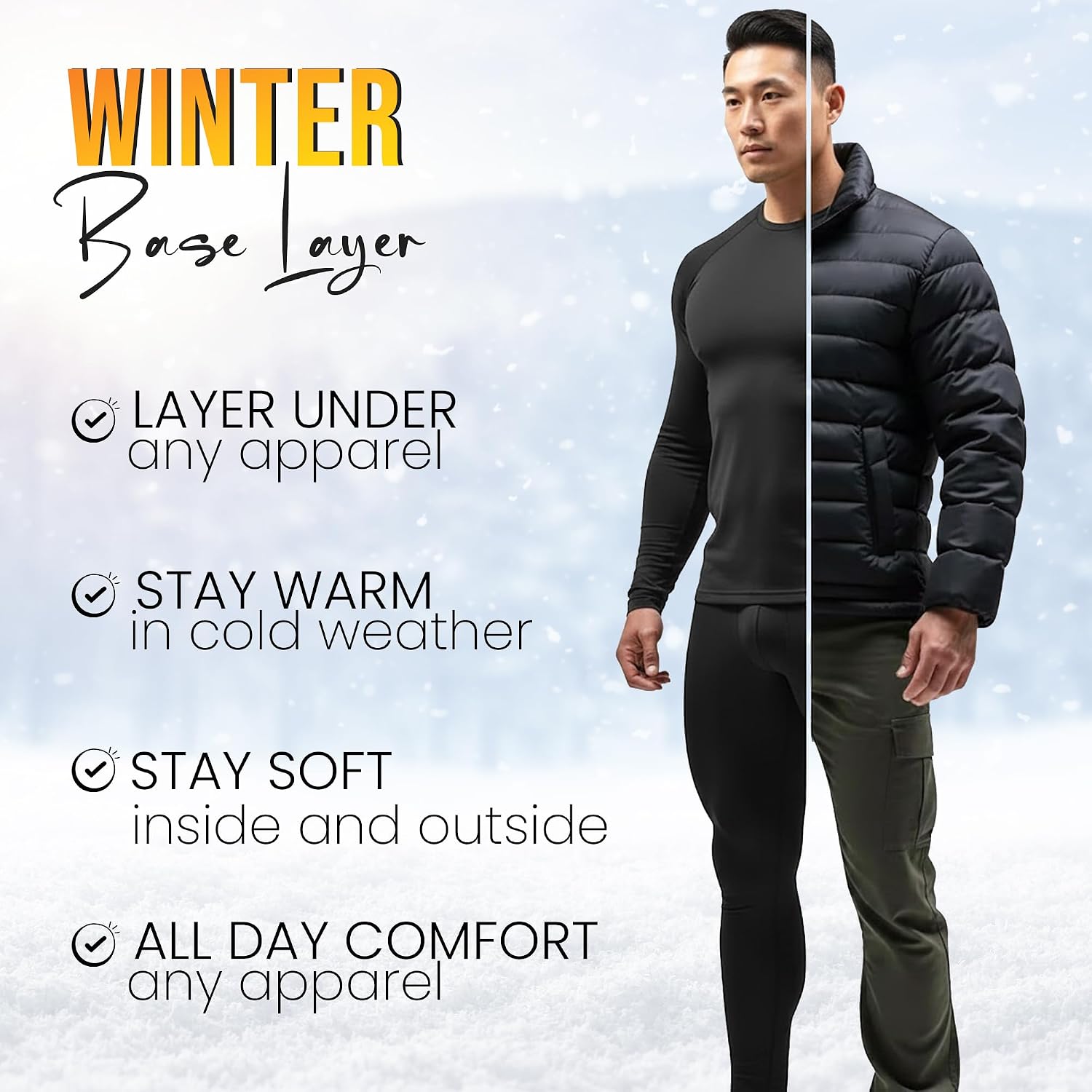 Thermal Underwear for Men Long Johns Set, Soft Fleece Lined Top Bottom Base Layer for Cold Weather