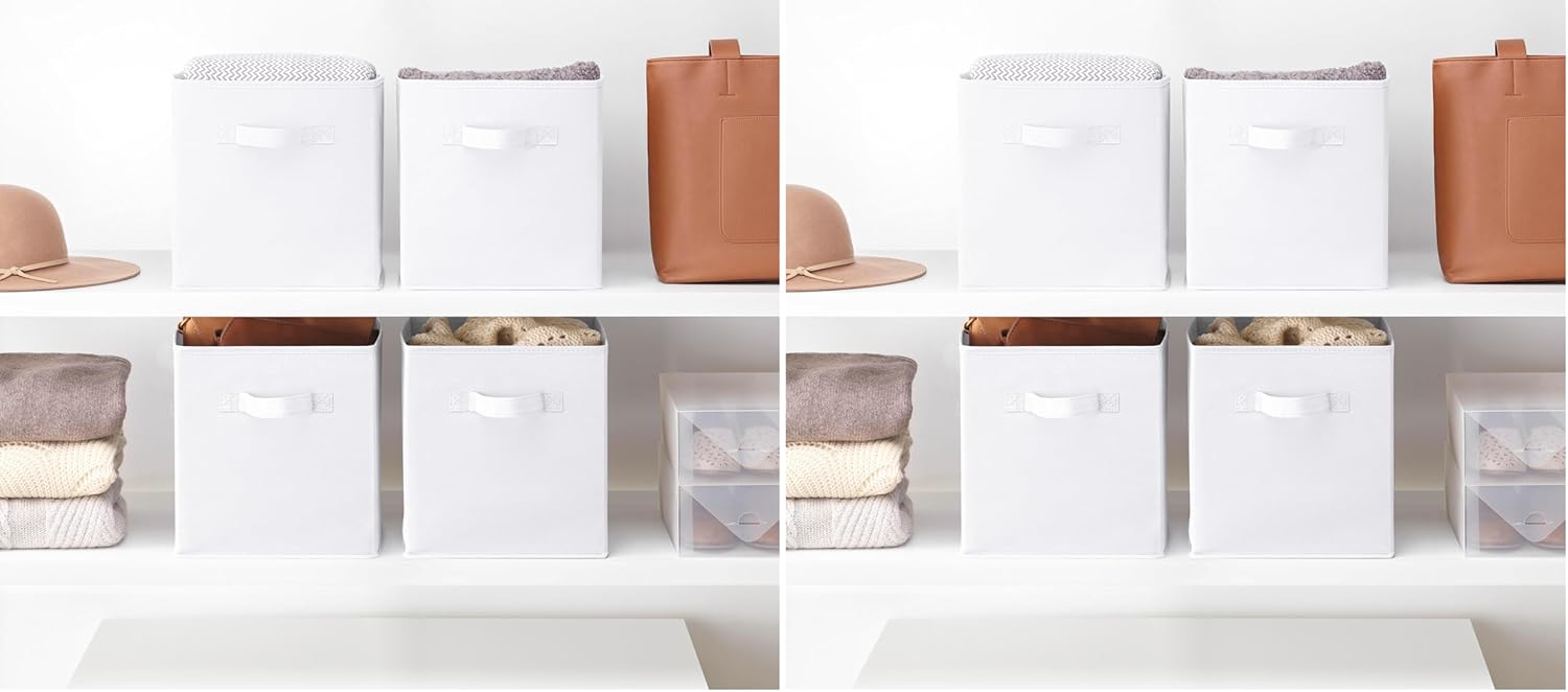 Whitmor 6 Pack 12 Inch Black Foldable Diamond-Patterned Faux Leather Storage Cube Bins with Handles – Ideal for Living Room, Bedroom & Office Organization