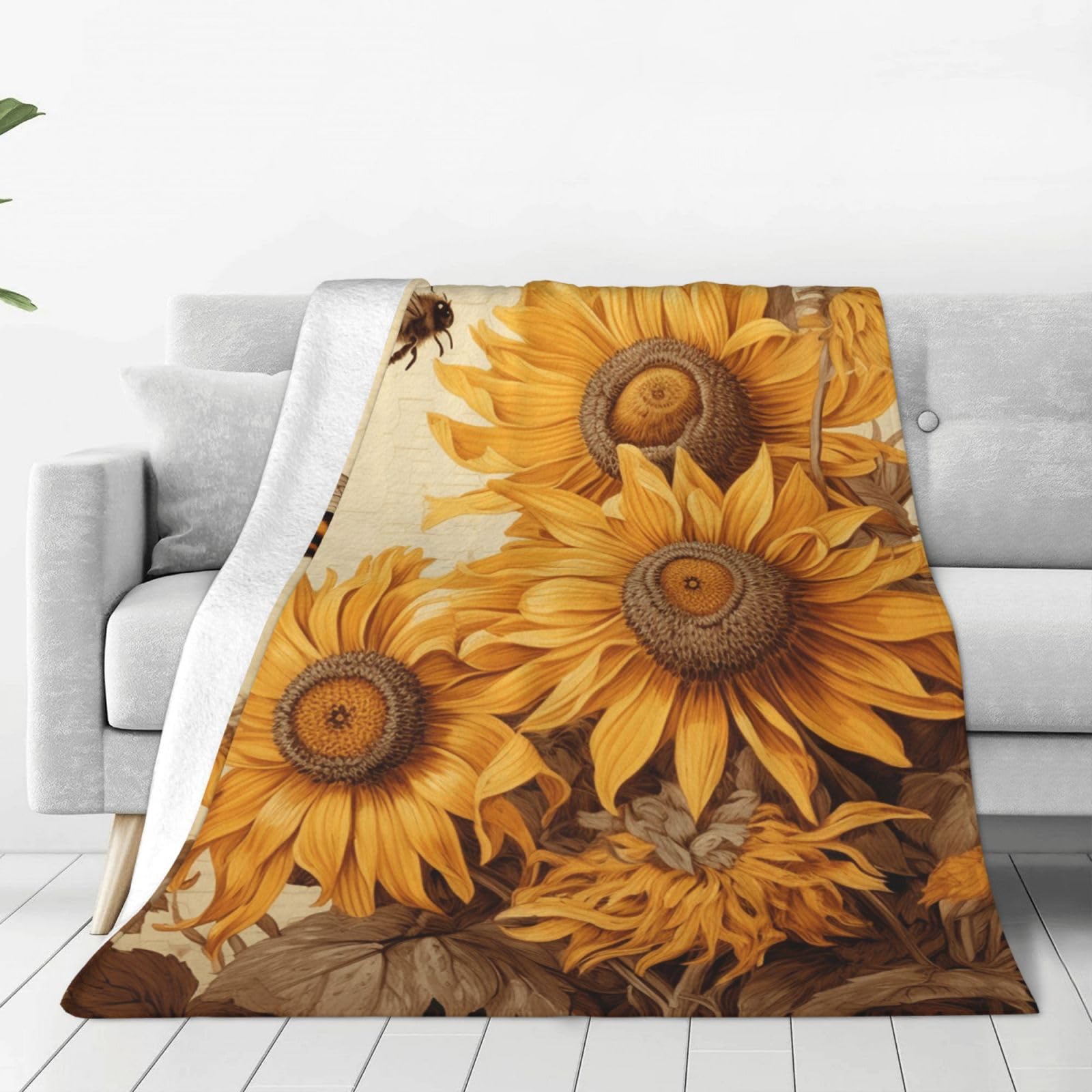Bees and Sunflowers Throw Blanket for Couch, Plush Fuzzy Soft Flannel Blankets and Throws for Sofa, 40"x30" Bed Blankets for Travel Camping Chair, All Season Warm Fleece Blanket