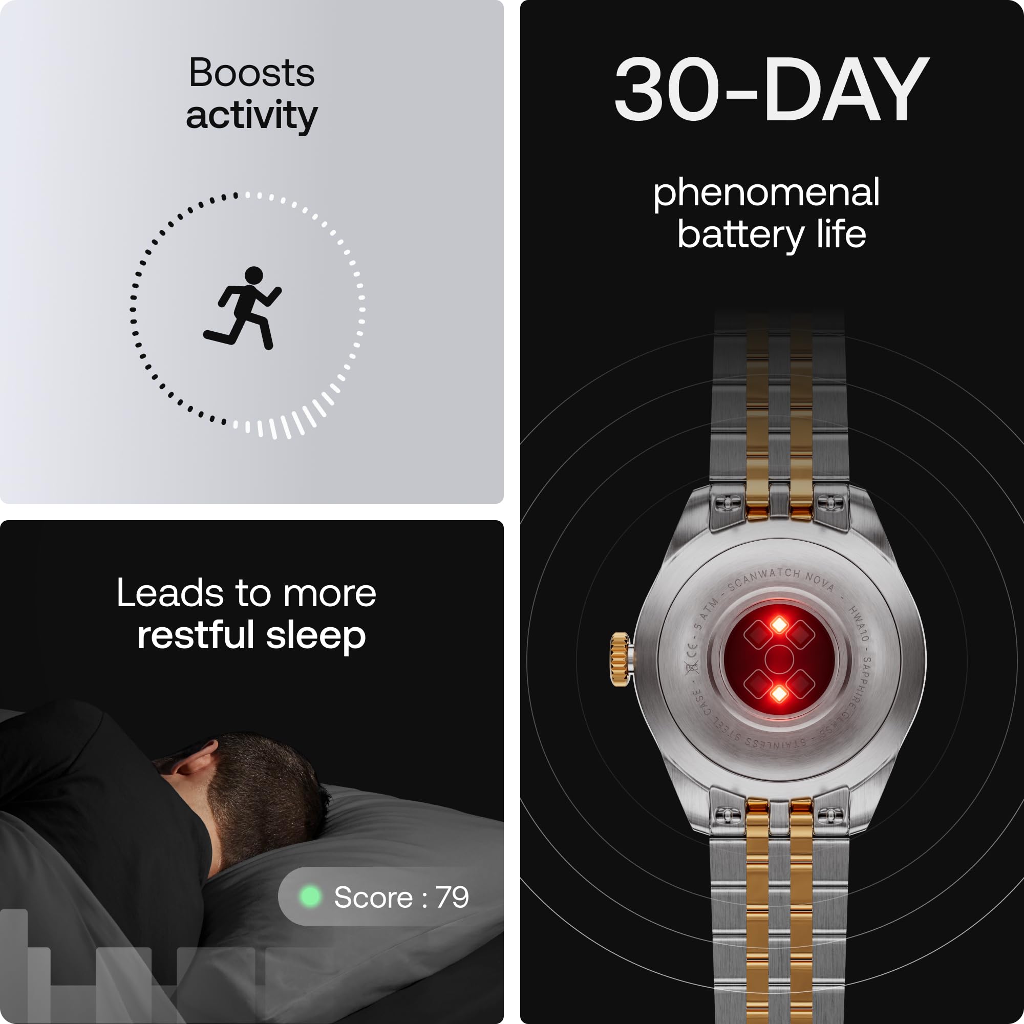 Withings Scanwatch Nova Brilliant Hybrydowy smartwatch Health dla mężczyzn i kobiet, SPO2, monitorowanie temperatury, sen, zdrowie układu oddechowego, monitorowanie cyklu, 30-dniowa żywotność baterii | EKG z rozpoznawaniem AFib, wynik snu, 40+ aktywności,
