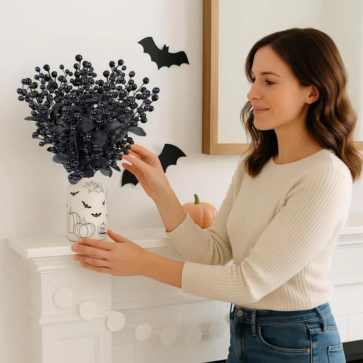 10 Pcs Black Halloween Floral Stems for Home Indoor Table Decorations, 21.65 in Long Handmade Black Eucalyptus Stems for DIY Wreath Wedding Christmas Flowers Vase Filler Decor