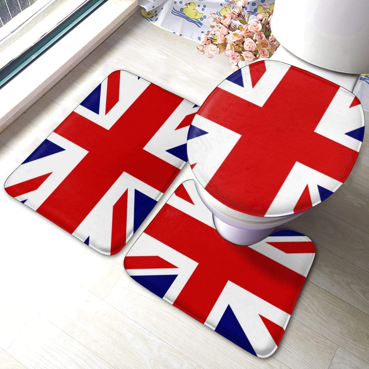 British Flag Throw Pillow Union Jack Design Bathroom Mat Sets 3 Piece Set Rugs Memory Foam Mat Set Matches Anti-Skid Toilet Seat Cover Bath Mat Lid Cover