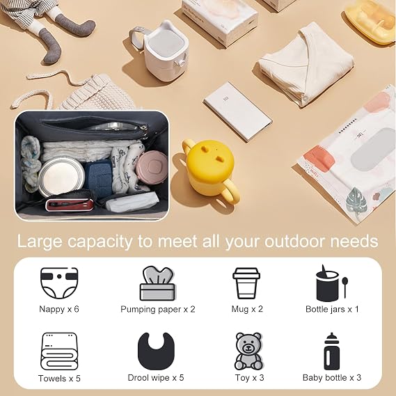 Baby Changing Bag, Nappy Changing Bag with Changing Mat, Large Capacity Baby Bags for Mum, Waterproof Portable Changing Bags Backpack with Foldable Cot Bed, Stroller Straps for Travel