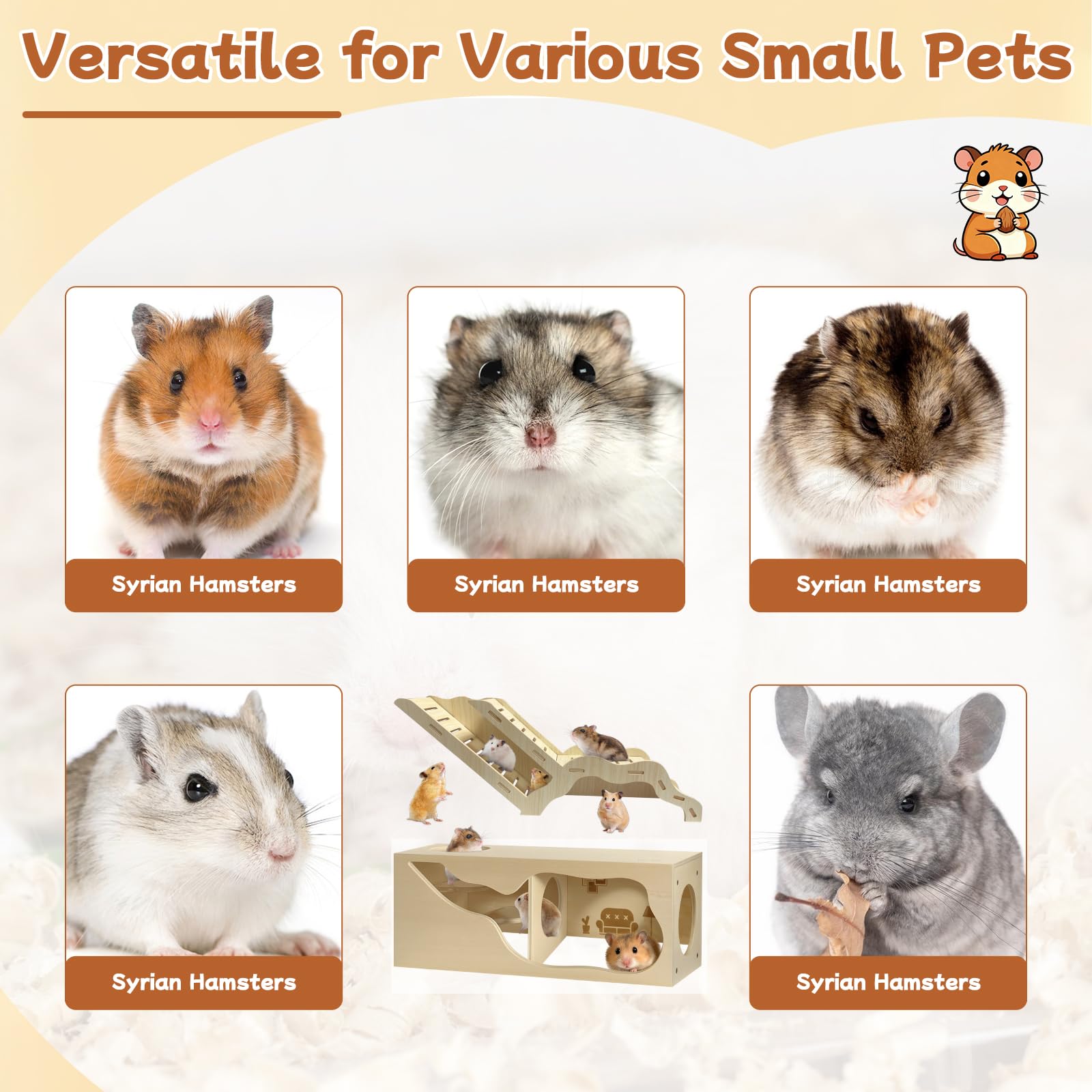 Hamsterversteck & Tunnel Set, 2-teiliges Holzhaus mit Kletterleiter, Erkundungsröhren & Beobachtungsschuppen für Syrische Hamster, Zwerghamster, Mäuse, Rennmäuse, Ratten und andere Kleintiere