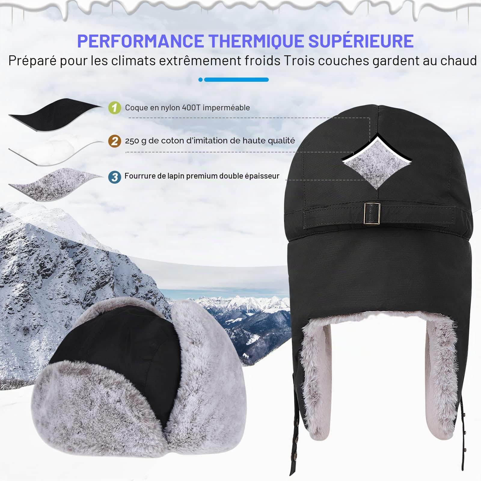Chapka d’Hiver Chapeau de Trappeur Chaud Bonnet de Russe Bonnet Aviateur avec Masque Amovible Confortable Coupe-Vent Anti-poussière Étanche pour Ski, Ushanka Chapeau de Chasse Russe