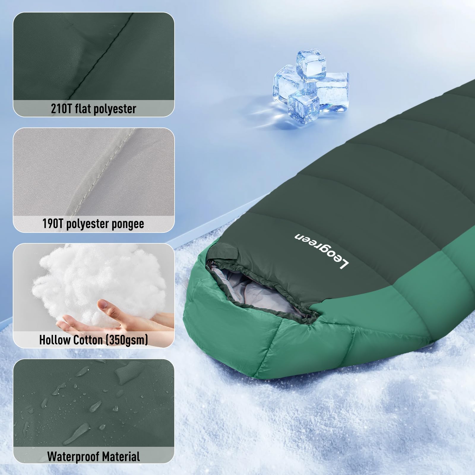 Leogreen Śpiwór dla dorosłych, śpiwór puchowy, -15℃~5℃ na 3-4 pory roku, 300GSM, 1800g, na kemping, wędrówki i wspinaczkę górską, 210x80x35cm