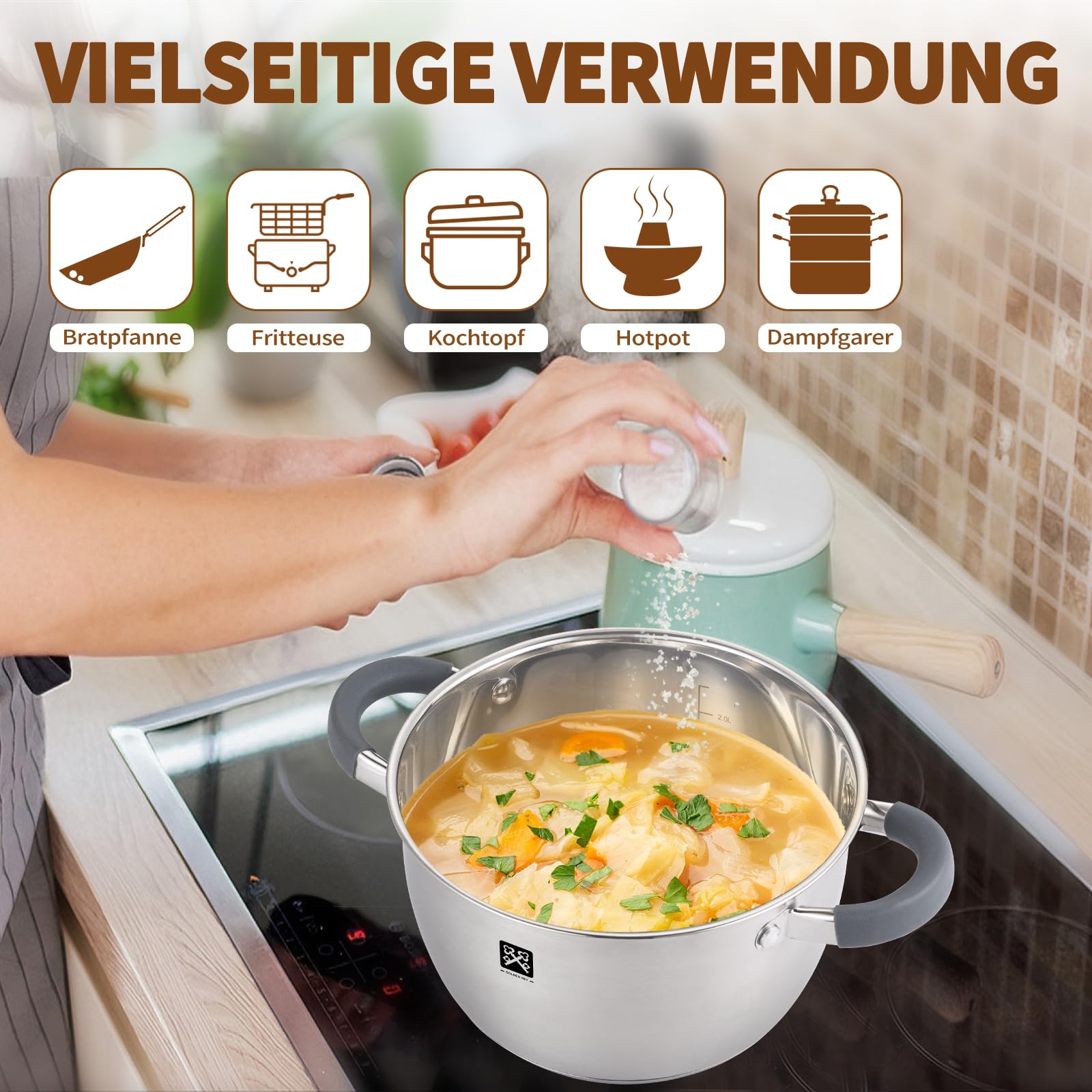 Olla de vapor con tapa de cristal de 20 cm, olla de vapor de acero inoxidable de 3 l, incluye cesta de vapor, inducción, vapor, vapor, olla de cuscús, apta para verduras, sopas, albóndigas, horno y