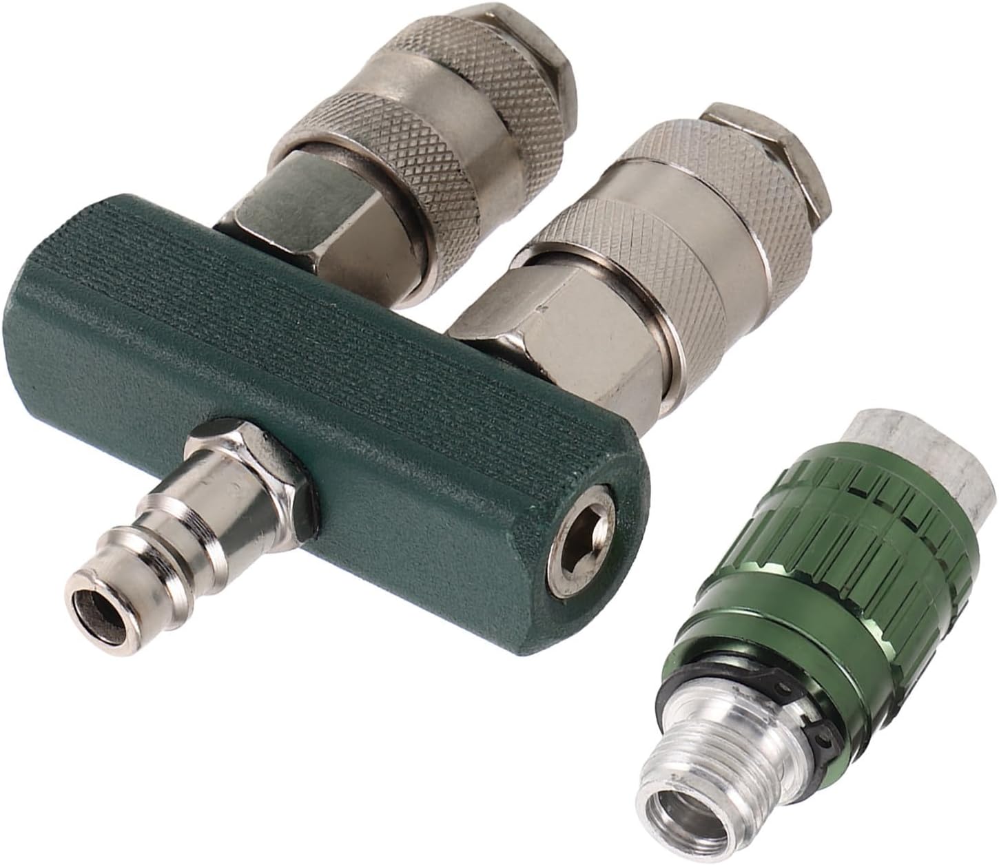 SEWACC 2-way Air Hose Quick Connect Fitting with 2 Couplers and 1/4 Inch Male Plug Iron Nickel Plated Pneumatic Splitter for Efficient Air Distribution