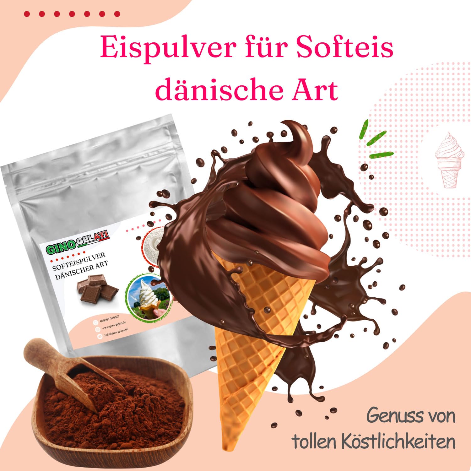 Gino Gelati Erdbeere Dänisches Softeis Pulver 10 Kg, fruchtiger Geschmack, verschiedene Geschmacksvarianten, schnell und einfach Zubereitet, Made in Germany, Eis selber machen