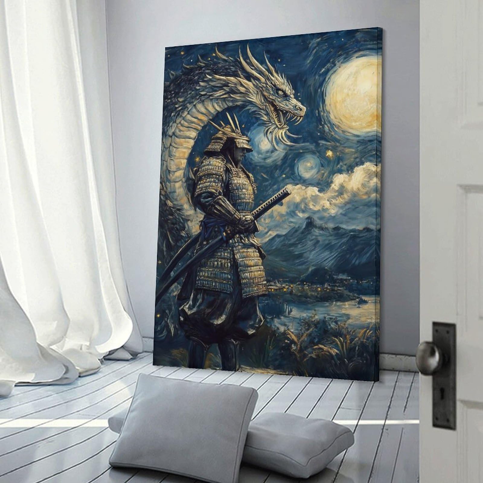 Junmoney Samurai And Dragon Wall Decor Canvas Print, 16x24inch(40x60cm), for Wall Displays, Bedrooms Or Room Updates, Wall Decor Suited to Curated Displays