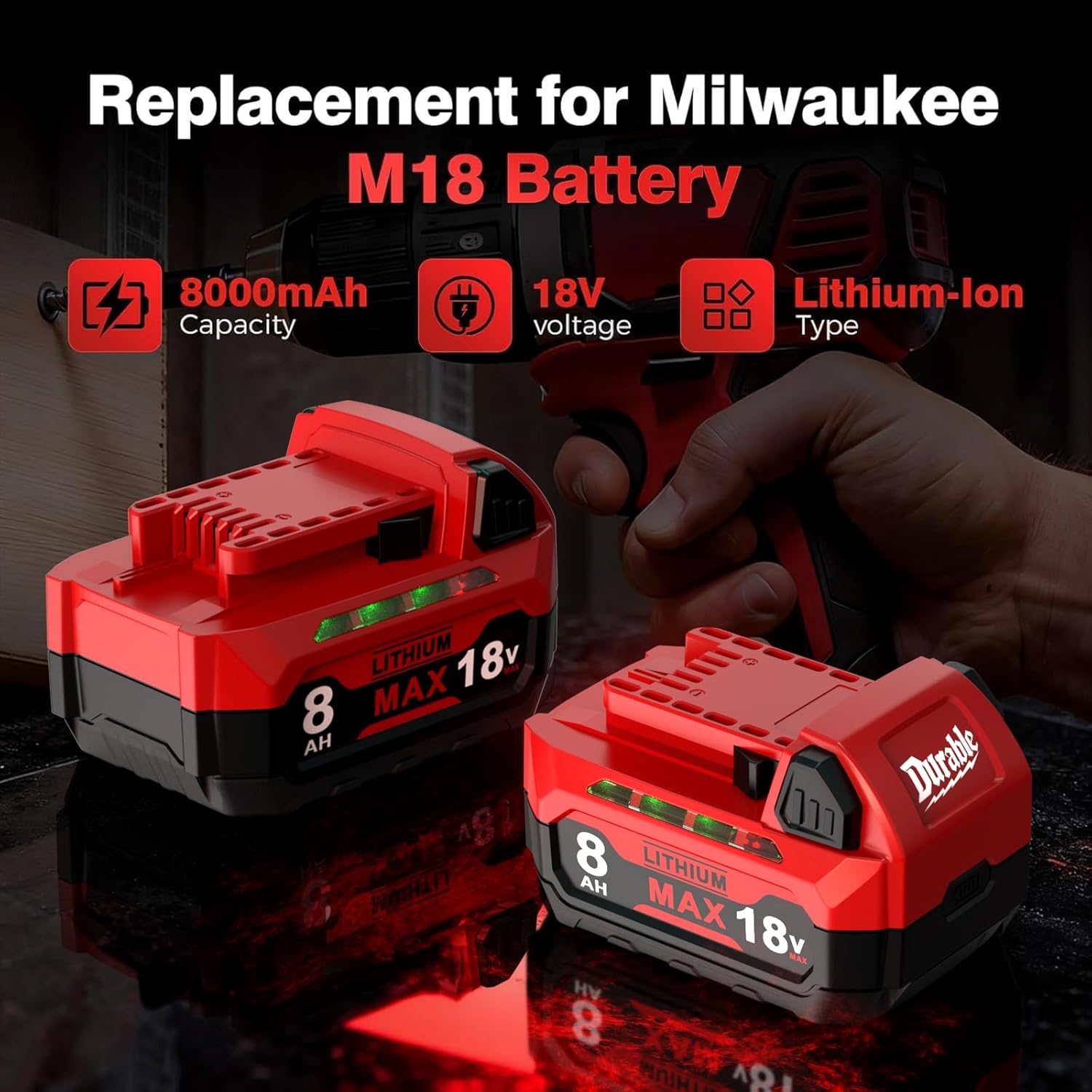 Replacement for Milwaukee M18 Battery 8.0Ah: 18V Max Lithium-Ion Batteries, Compatible with Milwaukee 48-11-1852 48-11-1811 48-11-1815 48-11-1820 48-11-1828 48-11-1840 Cordless Power Tools (4Pack)