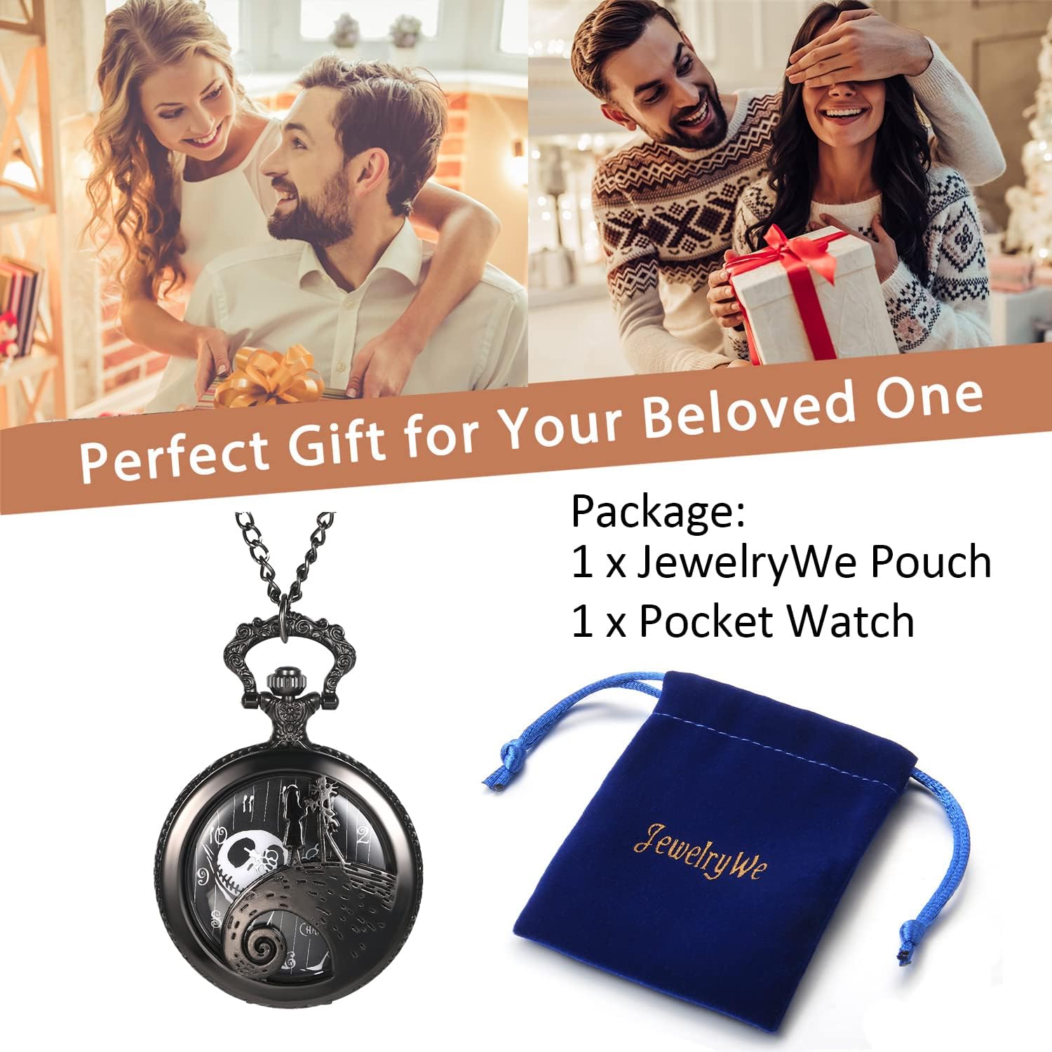 JewelryWe Nightmare Before Christmas Pocket Watch for Men Women Antique Quartz Pendant Chain Necklace Watch for Mother's Day