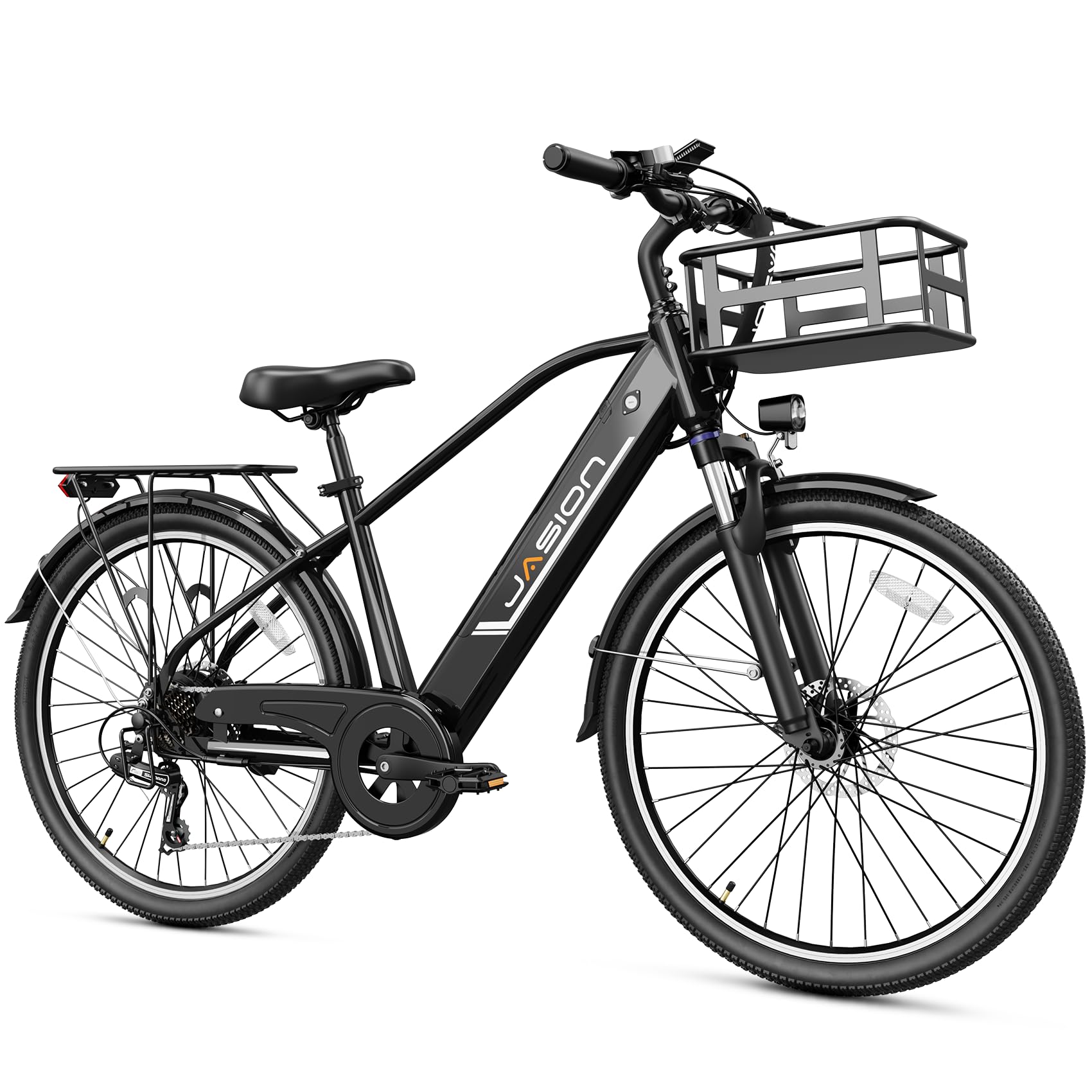 Jasion Roamer Electric Bike for Adults,1200W Peak Motor,28 MPH Max Speed,528WH Removable Battery Ebike,26'' Commuter E Bike,7-Speed Bicycle and Front Suspension,Black,with Front Basket