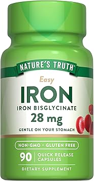 Natures Truth Iron Supplement for Women & Men | 28 mg | 90 Capsules | Iron Bisglycinate | Non-GMO, Gluten Free