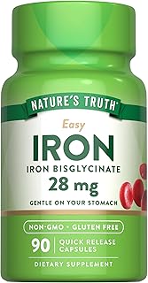 Nature's Truth Iron Supplement for Women & Men | 28 mg | 90 Capsules | Iron Bisglycinate | Non-GMO, Gluten Free