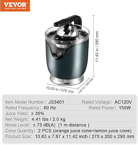 Miniatura 7 de VEVOR Exprimidor eléctrico de cítricos, exprimidor de jugo de naranja con conos de jugo de dos tamaños, máquina de jugo de naranja de acero