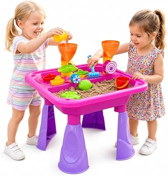 The Magic Toy Shop Sand and Water Table, 23-Piece Set, Pink   Includes Watering Can & Accessories, Two Compartments & Drainage   Kids Outdoor Play Equipment for Messy Sandpit Play