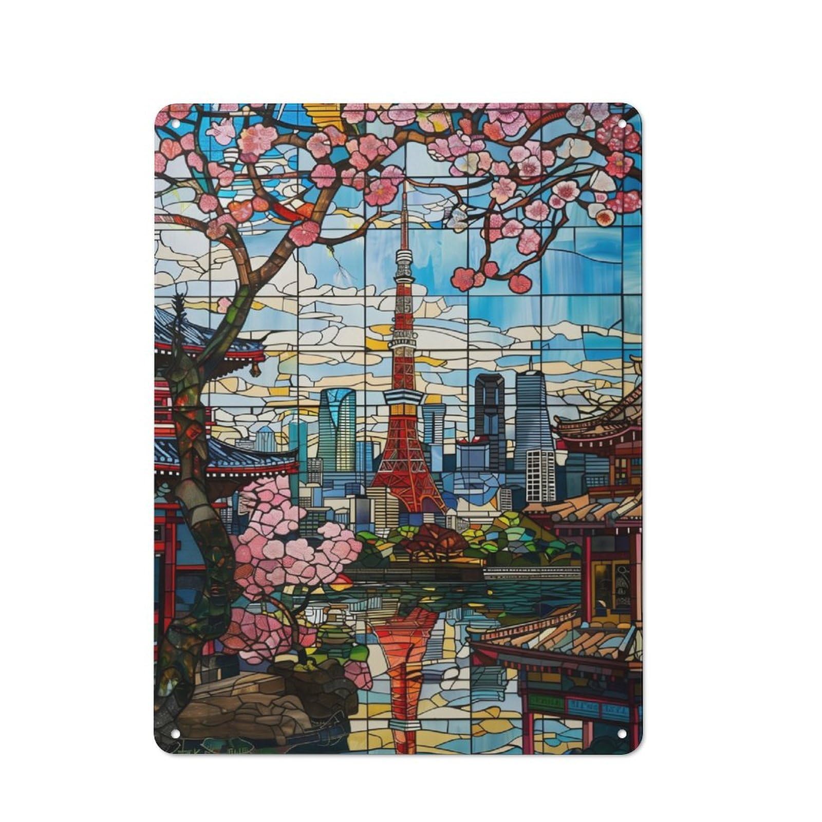 Junmoney Tokyo Cherry Blossoms Metal Plaque 40X30cm With For Home Bar Wall, Retro Decor, For Garage, Workshop And Man Cave Decoration