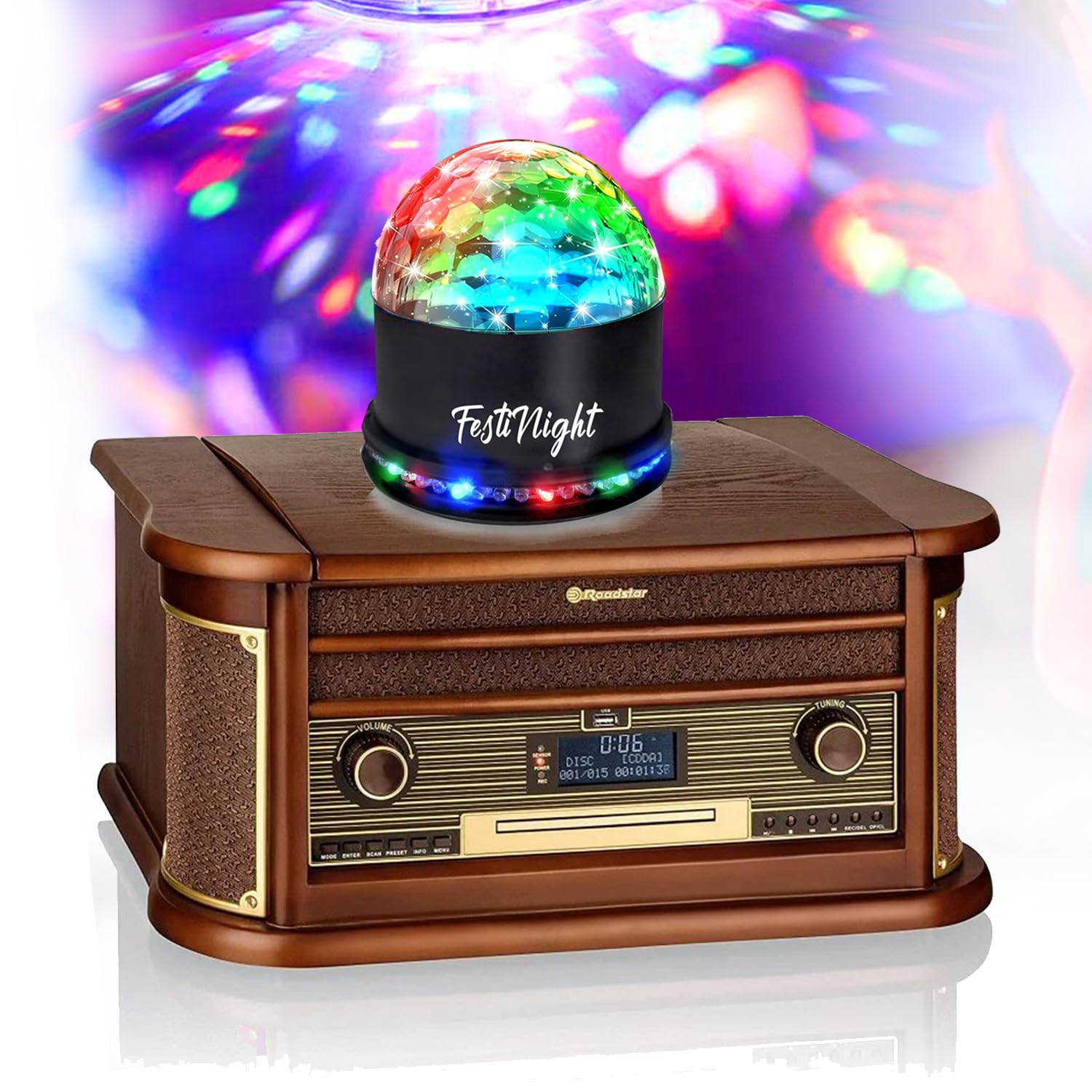 Platine vinyles Tourne-disques Roadstar Vintage HiFi rétro Bois 33/45/78 TR, Radio Dab+/FM, CD-MP3 Cassette, Bluetooth, USB, LED